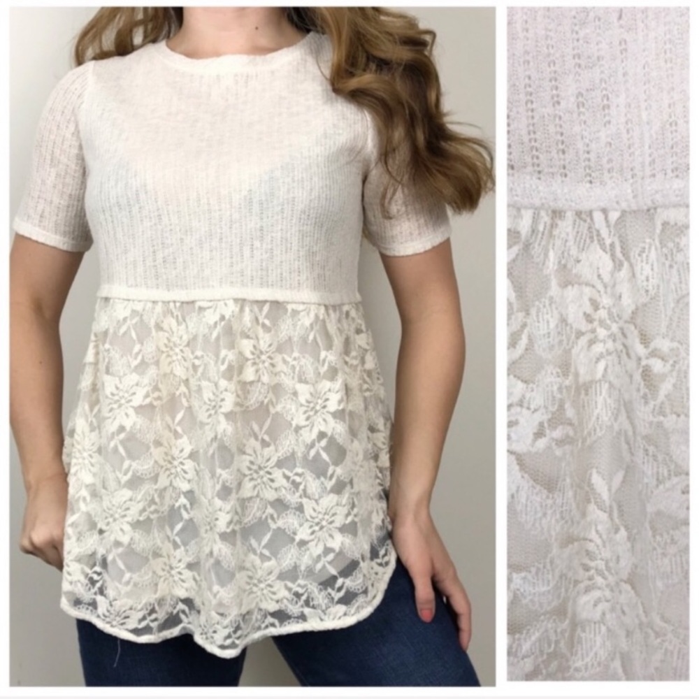 LC LAUREN CONRAD Cream Lace Knit Babydoll Top Med